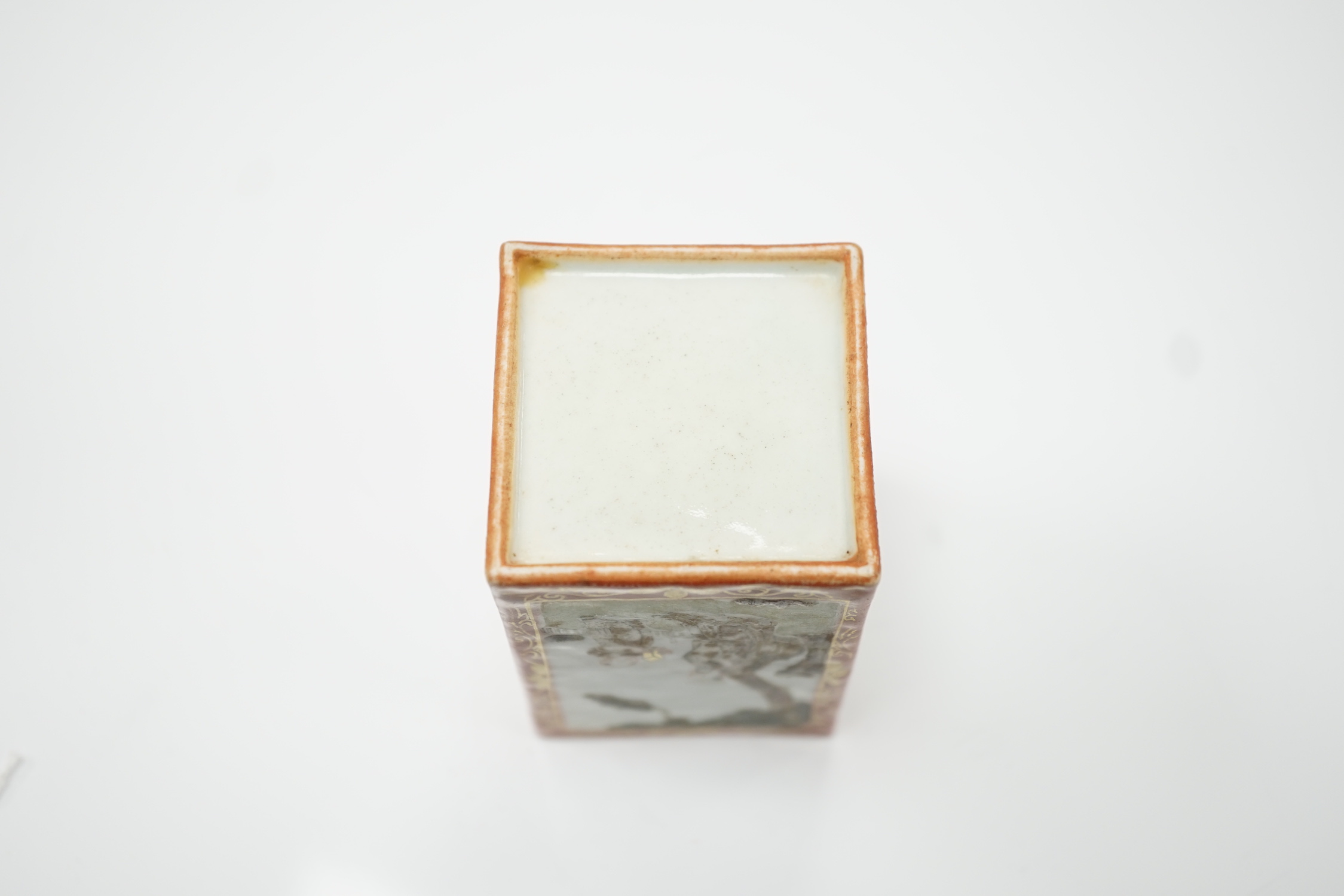 A Chinese literati enamelled porcelain inscribed square brushpot, Jiaqing/Daoguang period, 8cm